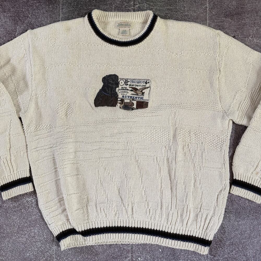 Men's Vintage 90's St Johns Bay Black Lab Duck Hunting Ivory Crewneck Sweater XL